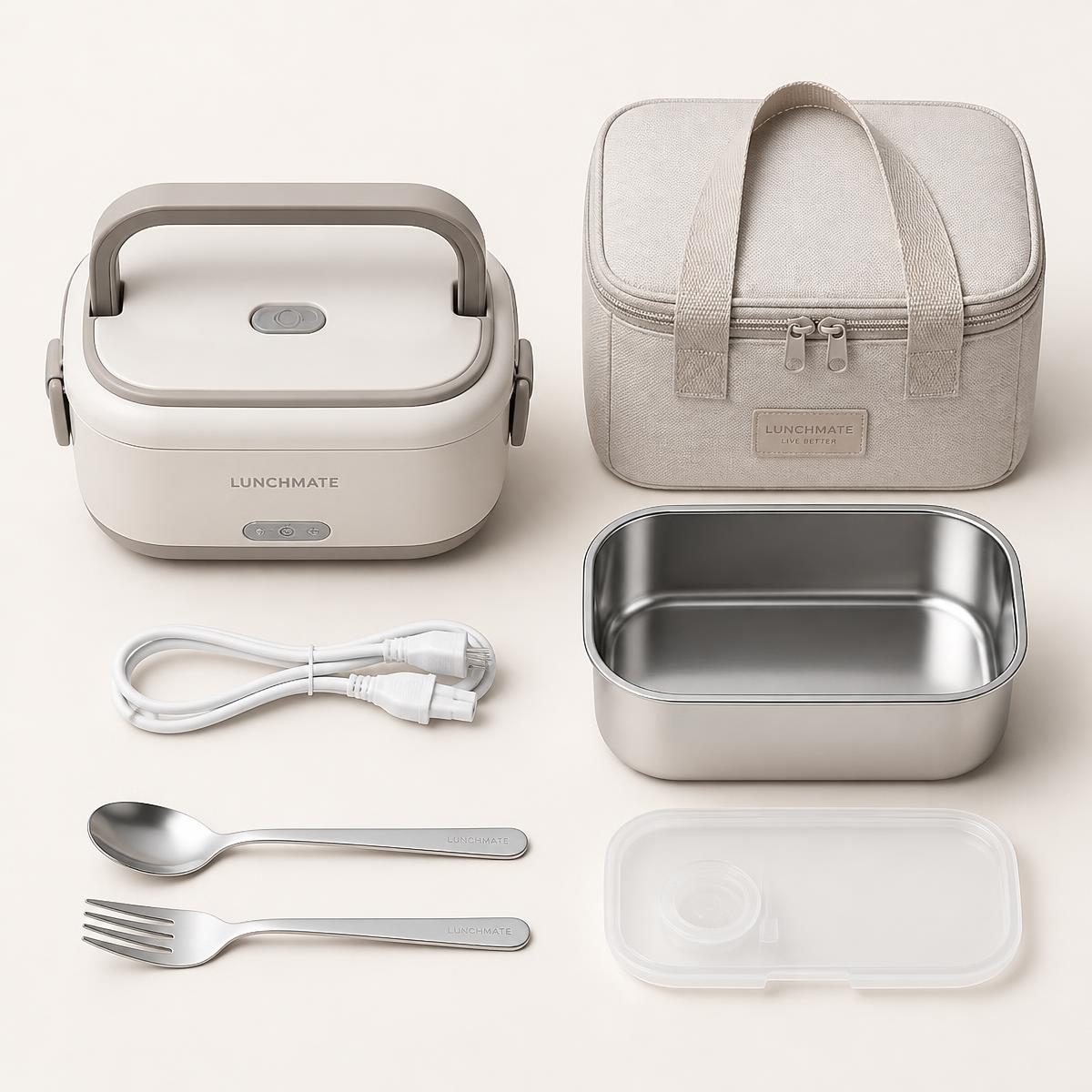 Lunch box with carry bag, cable, cutlery and inner container
